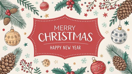 Merry Christmas and Happy New Year Hand-Drawn Ornament and Floral Festive Design, Christmas Card, Holiday, Winter, Christmas Ornament Christmas card, Holiday Greetings