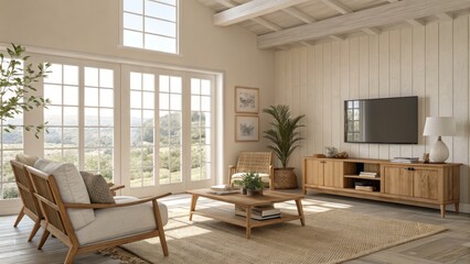 Fototapeta premium Modern Farmhouse Living Room Wooden Furniture, Natural Light, Jute Rug, Cozy Interior Design. Farmhouse Decor, Interior Design