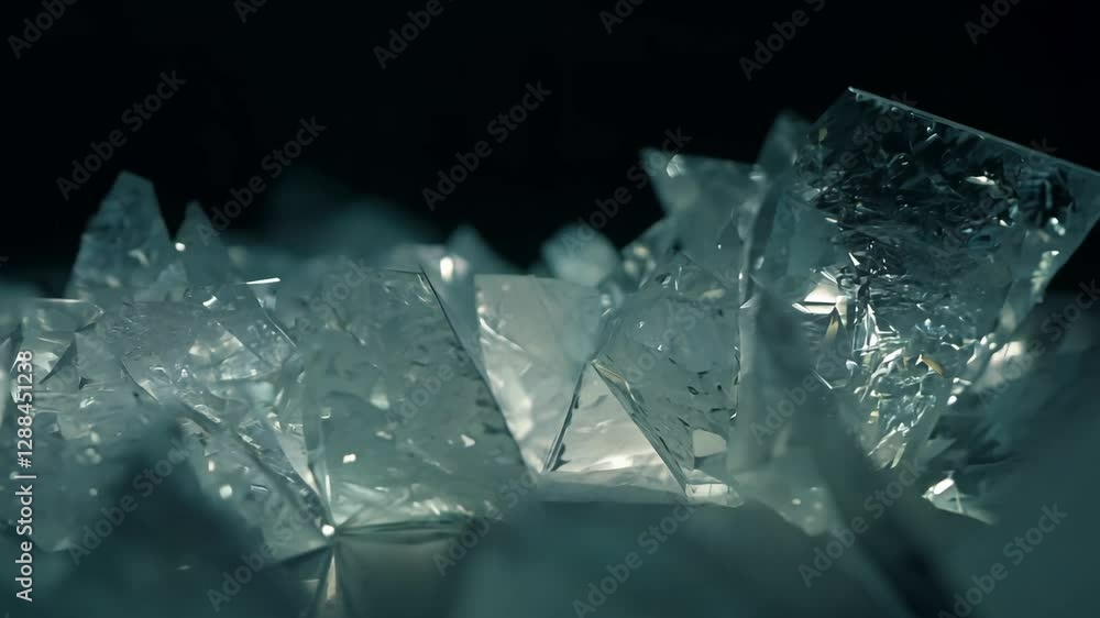 Poster dolly out video of close-up of frosted glass shards, revealing them within a darker context under lo