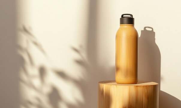 Eco-Chic Earth Day Bamboo Reusable Water Bottle on Recycled Wood - Sustainable Spring Decor for Modern Office and Home Wellness