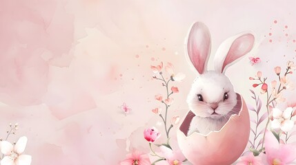 Watercolor-style Easter bunny sitting in a cracked eggshell with pastel flower decorations around it.