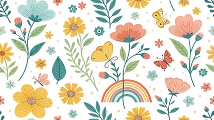 Rainbow Floral Seamless Pattern Butterflies, Flowers, White Background, Illustration, Vector, Cute Floral Pattern, Spring Design
