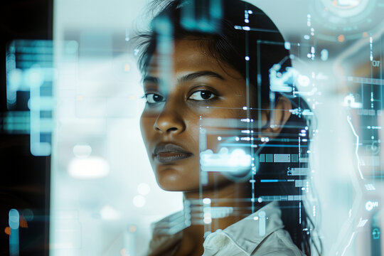 AI cyber security threat illustration, Indian woman working in computer monitor lab, IT specialist, artificial intelligence in hacking coding & online security	