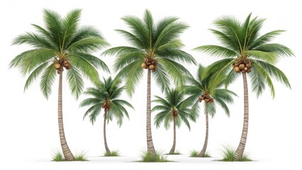 Obraz premium Tropical Coconut Palm Grove 3D Render, Six Trees, White Background, Lush Greenery, Island Paradise Coconut Palm, 3D rendering