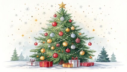 Obraz premium Watercolor Christmas Tree with Gifts Festive Winter Scene, Christmas card, Holiday decoration Christmas, Watercolor Painting
