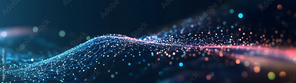 Poster Mesmerizing Swirls of Glowing Digital Particles in a Futuristic Technological Landscape  Captivating abstract background with dynamic flow of luminous elements conveying a sense of energy innovation