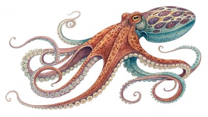 Watercolor Octopus Detailed Anatomy, Swirling Tentacles, Ocean Life, Marine Art Octopus, Watercolor