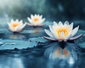 Lotus flowers are blooming beautifully in the calm pond. 