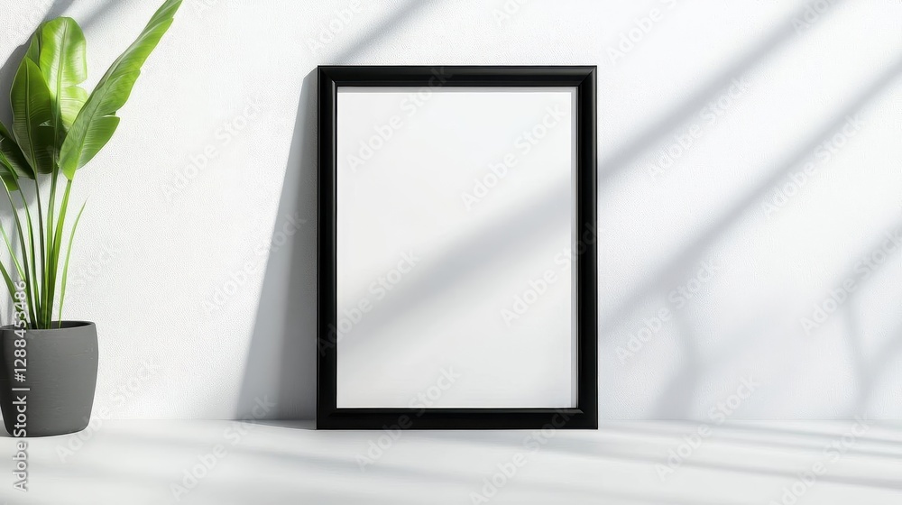 Poster a mockup of an empty black frame in the center of a white room with sunlight coming through the wind