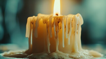 Close-up of a melting candle with vibrant flame illuminating the surroundings, creating a warm ambiance
