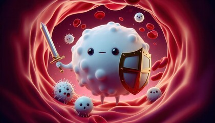 Heroic white blood cell battling germs in the human body digital art vibrant environment
