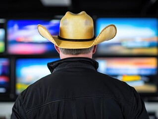 A person wearing a black jacket and a cowboy hat stands in front of multiple television screens