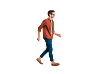 Full length body size profile side view of his he nice attractive trendy cheerful cheery brunette guy business assistant agent broker walking isolated over beige color pastel background