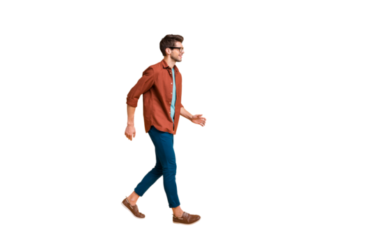 Full length body size profile side view of his he nice attractive trendy cheerful cheery brunette guy business assistant agent broker walking isolated over beige color pastel background