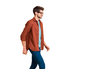 Profile side portrait of his he nice attractive trendy calm brunette guy business assistant real...