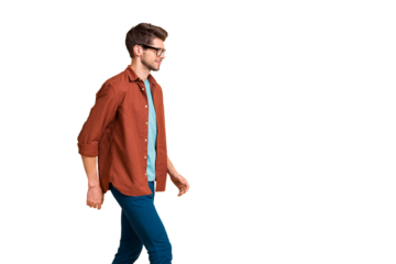 Profile side portrait of his he nice attractive trendy calm brunette guy business assistant real estate agent broker specialist walking isolated over beige color pastel background