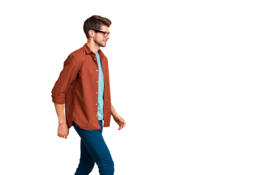 Profile side portrait of his he nice attractive trendy calm brunette guy business assistant real estate agent broker specialist walking isolated over beige color pastel background