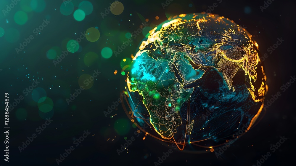 Poster A digital rendering of the Earth with lines and dots representing continents, representing global connectivity.