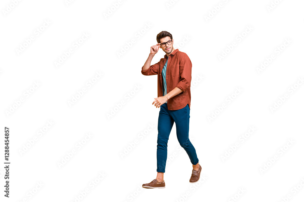 Poster full length body size profile side view of his he nice attractive trendy calm brunette guy business 