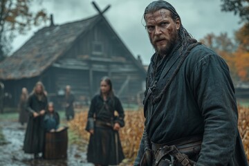 Fototapeta premium Strong warrior stands in a historic village during a gloomy autumn day with villagers in the background