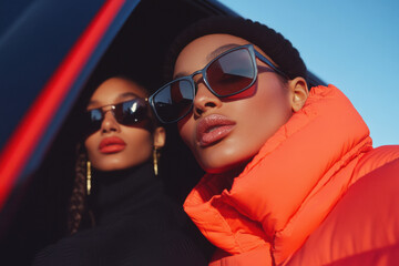 Two fashion models wearing sunglasses posing next to a car