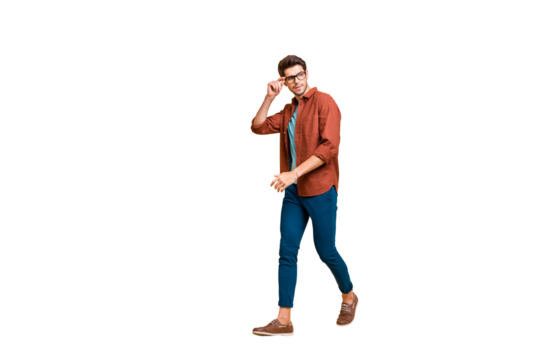 Full length body size profile side view of his he nice attractive trendy calm brunette guy business assistant shark expert touching specs walking isolated over beige color pastel background