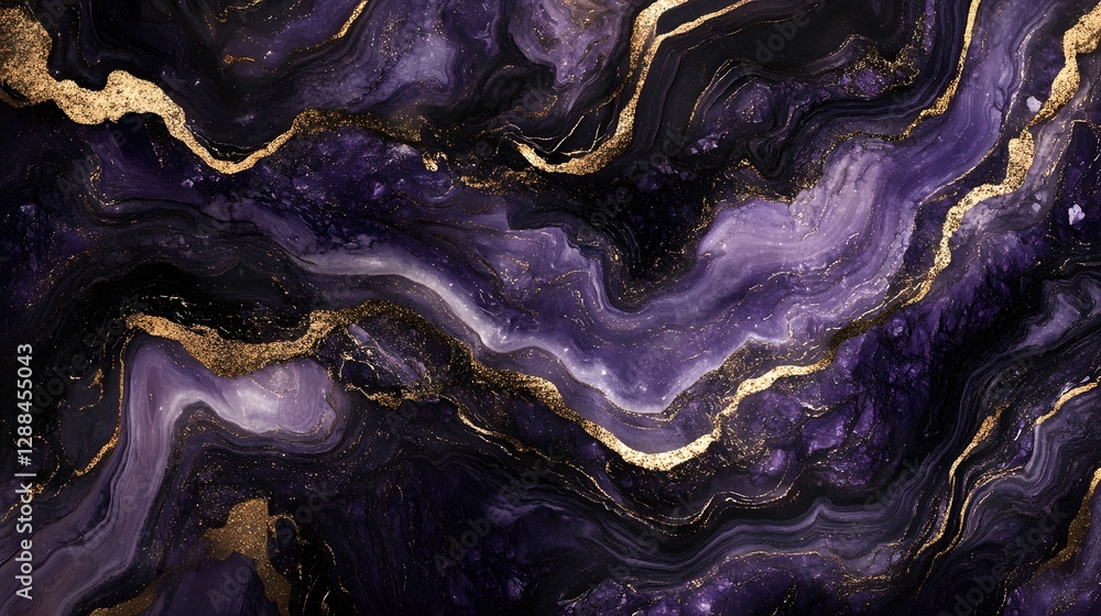 Poster Mesmerizing swirls of vibrant purple amethyst geode with shimmering golden accents creating a captivating and luxurious abstract background for design and creative projects
