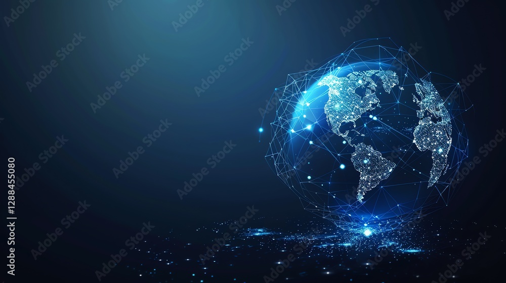 Poster A digital rendering of a globe with lines and dots connecting continents, representing global connectivity.