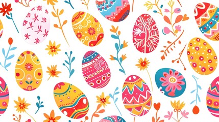 A seamless pattern of colorful Easter eggs with intricate floral designs on a white background, perfect for festive wrapping paper or decorations