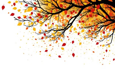 Vibrant autumn leaves falling from tree branches on a white background