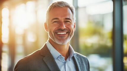 Obraz premium Smiling Senior Consultant Radiating Confidence in Bright Business Setting 