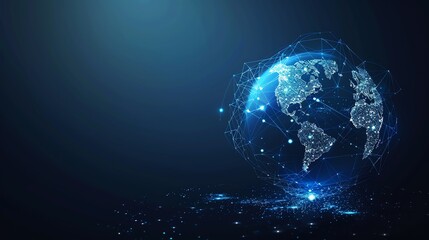 Obraz premium A digital rendering of a globe with lines and dots connecting continents, representing global connectivity.
