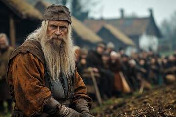 Elderly man with long beard in rustic village gathering during chilly morning with villagers observing nearby