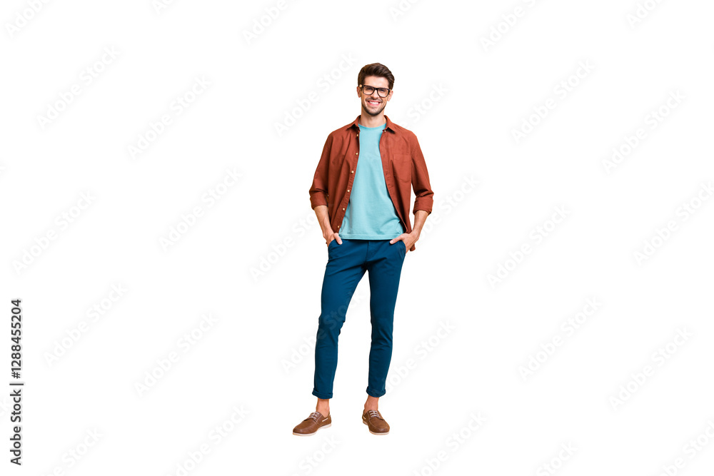 Poster full length body size view of his he nice attractive cheerful cheery brunet guy business shark exper
