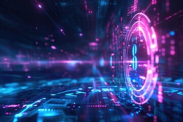 Fototapeta premium Futuristic digital technology background featuring vibrant neon colors of clock, abstract patterns, and dynamic light effects, perfect for time backdrop graphic design projects.