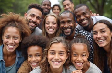 Diverse group selfie. Multi-ethnic crowd of parents, kids, aunts, uncles, friends, neighbors gather for joyful photo. Theyre european, african, asian. South american people, grandfather, grandmother