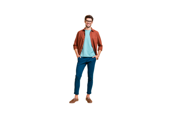 Full length body size view of his he nice attractive cheerful cheery brunet guy business shark expert assistant holding hands in pockets isolated over beige color pastel background