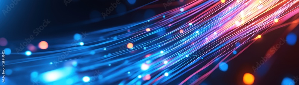 Poster vibrant digital visualization of fast network flow in motion with colorful lights