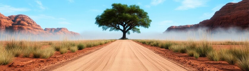 Fototapeta premium A sandy road leading to an outback tree in the Australian desert