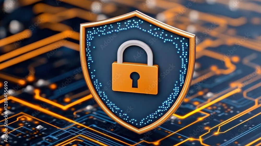 Poster A shield with an open lock icon floating above it