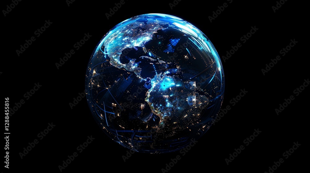 Aufkleber an abstract globe with glowing lines and dots representing cities.