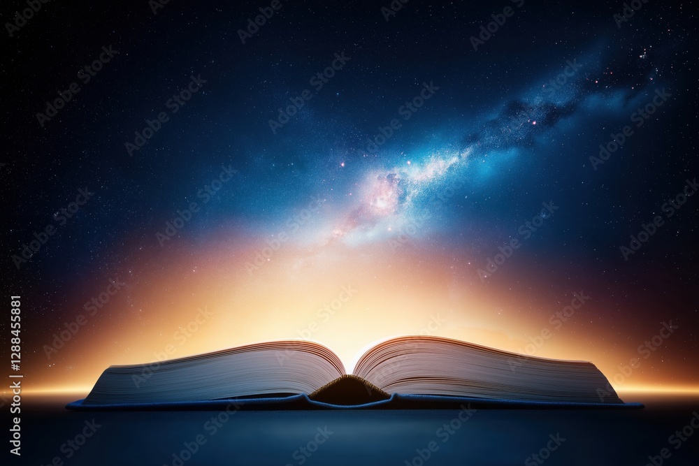 Poster open book in front of infinite glowing galaxy representing knowledge and discovery
