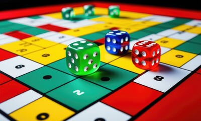 Colorful dice on board game with vibrant squares and numbers