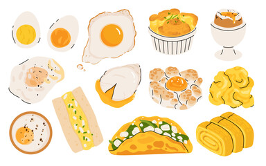 Cartoon eggs dishes, cooked eggs. Fried, boiled, fluffy egg, scrambled omelette and egg sandwich, healthy delicious breakfast flat vector illustration set. Tasty cooked egg dishes