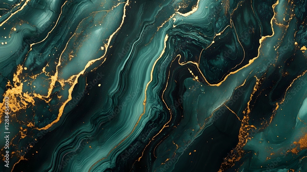 Poster Mesmerizing teal and gold fluid abstract marble texture and pattern  Dynamic flowing design with swirling captivating movement  Elegant luxurious background for fashion decor and digital art purposes
