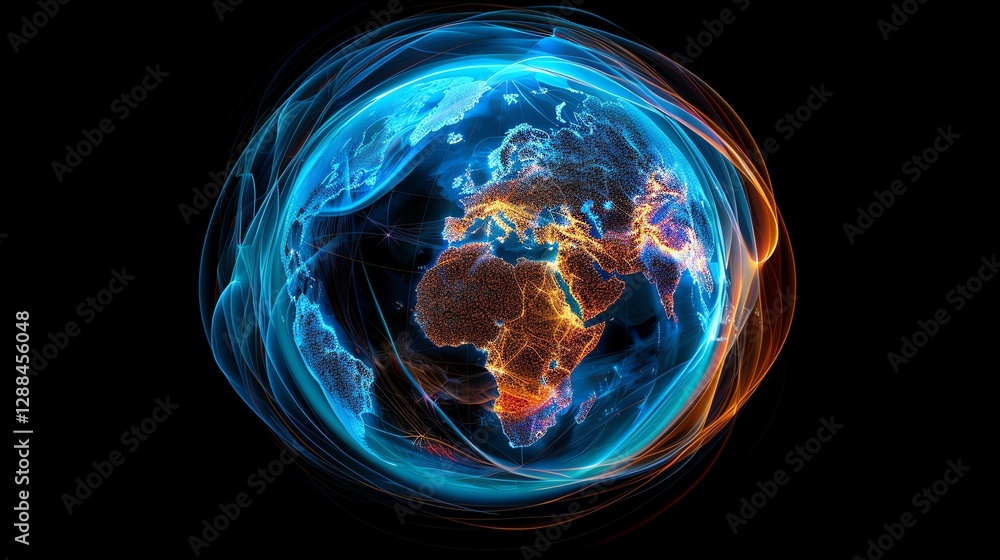 Poster a digital rendering of the earth with lines and dots representing continents, representing global co