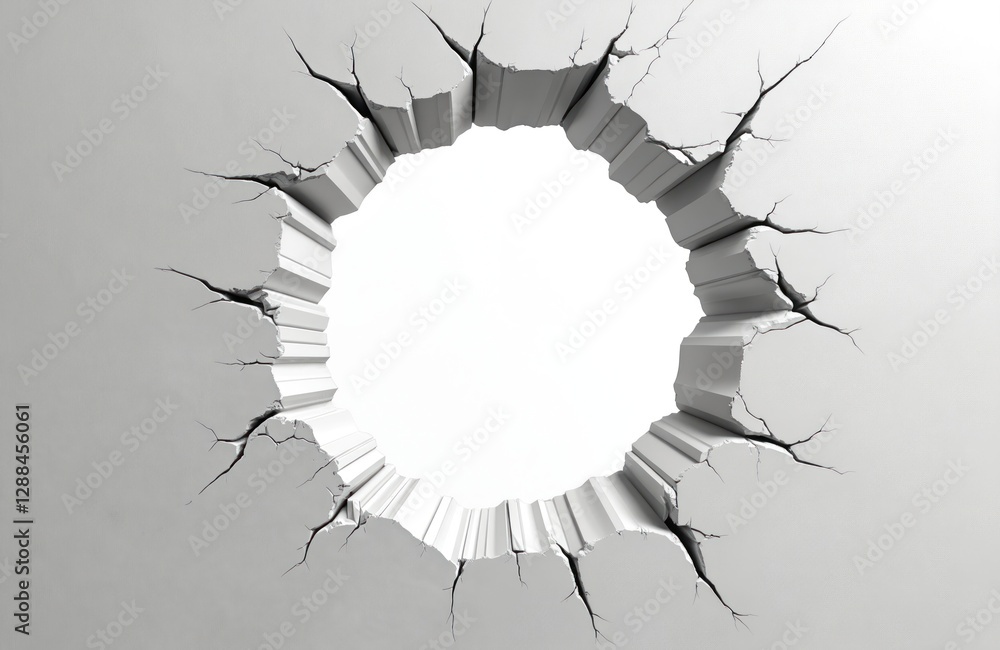 Poster generative ai photo of white wall with round cracked hole. destruction concept with damaged concrete