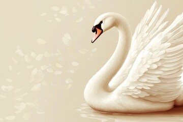 Obraz premium Elegant White Swan with Wings Partially Open on Beige Background with Petals