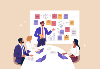 Business Workshop Concept. Vector cartoon illustration of a group of diverse people sitting at a table with a man standing in front of them next to a board with stickers. Isolated on background