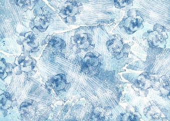 Ice texture with crack and frozen buds, creative background. Ice in watercolor grunge style with flowers. Winter background, ice floe, frame, texture for festive design.